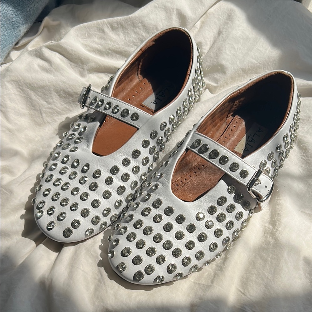 Alaia White Flats with Crystal Studs